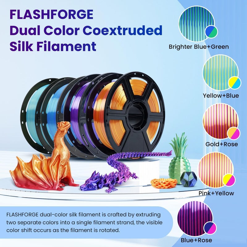 FLASHFORGE Silk Bi-Color PLA Filament 1.75mm, Coextrusion Yellow Blue Dual Color Multicolor 3D Printer Filament, Enchanting Silk Finish with 360° Multicolor Shifting Color Effect - Image 2